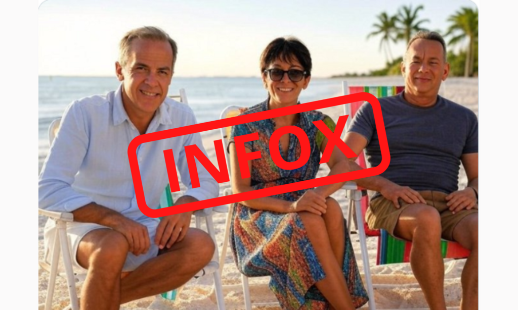Cette image censée prouver l'existence d'une rencontre entre le milliardaire Jeffrey Epstein et le premier ministre canadien Mark Carney a commencé à circuler après le 14 mars 2025.