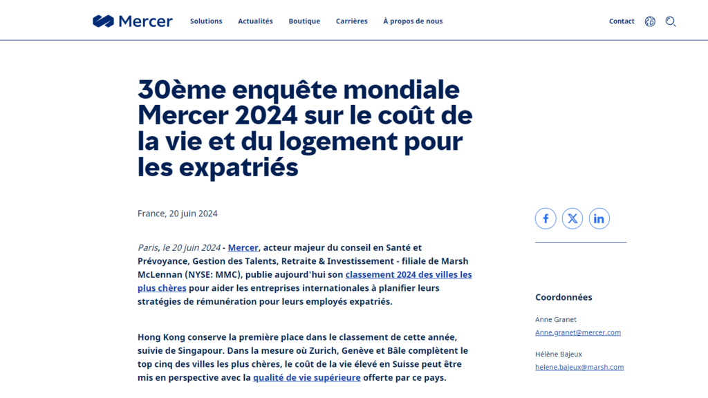 Une étude qui classe les villes les plus chères au monde pour les expatriés.