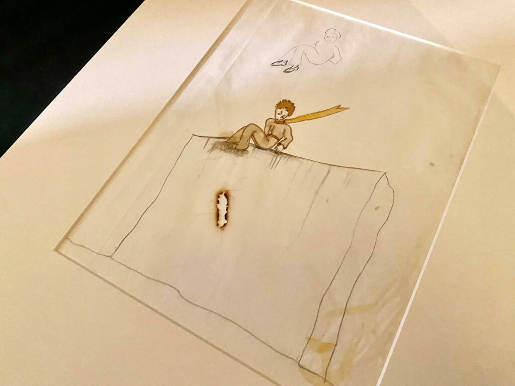 Une aquarelle originale du manuscrit du Petit Prince conservé à la Morgan Library de New-York, réalisée par Antoine de Saint-Exupéry. Certains dessins originaux de Saint-Ex n'ont jamais été dévoilés au grand public. 1er février 2022 à New-York.
