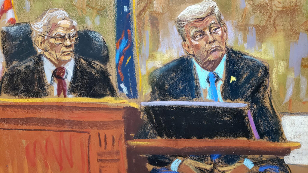 Dans ce croquis de salle d'audience, l'ancien président américain Donald Trump est interrogé à côté du juge Arthur Engoron, lors du procès pour fraude civile de la Trump Organisation devant la Cour suprême de l'État de New York, dans le quartier de Manhattan, à New York, aux États-Unis, le 6 novembre 2023.