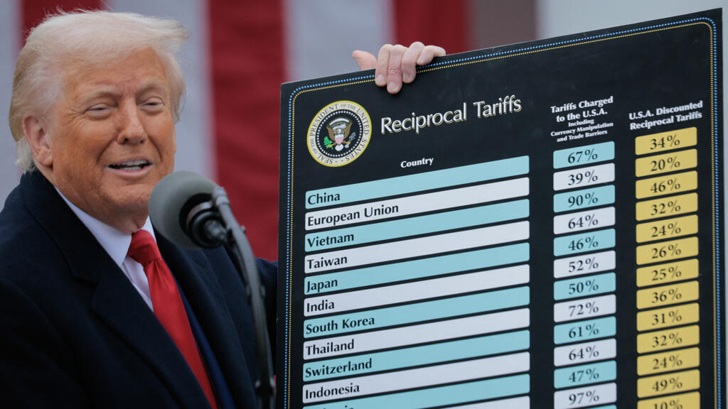 Donald Trump, le mercredi 2 avril 2025, au moment d'annoncer les mesures commerciales.