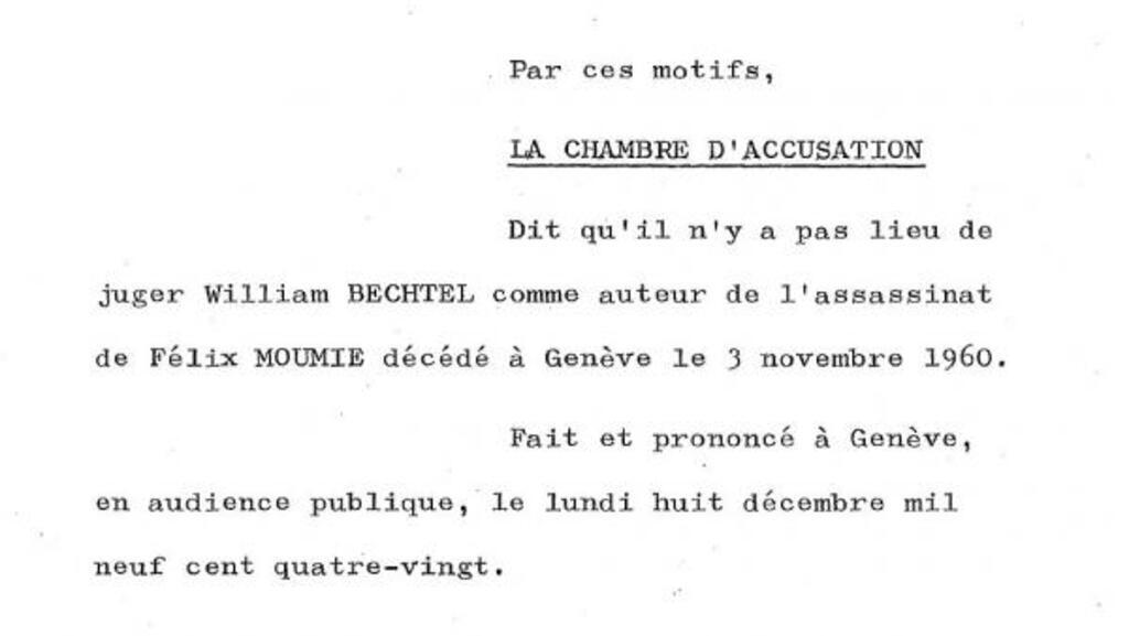 Extrait du non-lieu prononcé par la chambre d'accusation de Genève, le 8 décembre 1980, dans l'affaire de l'assassinat de Félix Moumié.