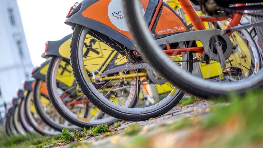 Des vélos en libre-service à la station Pilgramm, à Vienne.