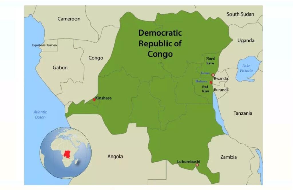 RFI Data / RD Congo : carte du pays et sa capitale Kinshasa + des grandes villes.