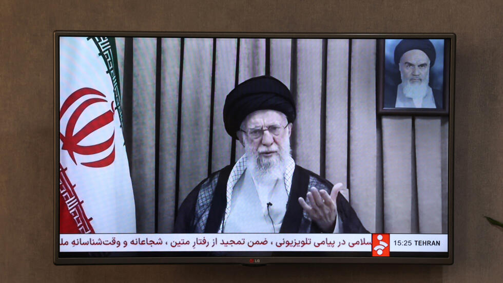 A TV screen displays the televised message of Iran's Supreme Leader, Ayatollah Ali Khamenei, during the Iran-Israel conflict in Tehran, Iran, June 18, 2025.
