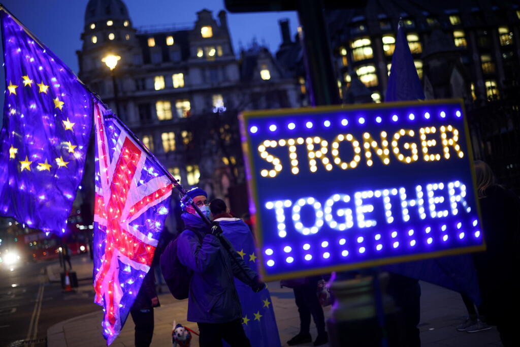An Anti-Brexit demonstrator holds flags as he protests outside the Houses of Parliament in London, Britain December 9, 2020. REUTERS/Henry Nicholls