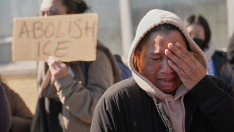 A protest against the United States' Immigration and Customs Enforcement (ICE) and migrant detentions in in Elizabeth, New Jersey, on 3 March 2025.