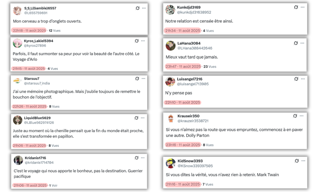 La temporalité de la publication des tweets et la redondance du contenu indiquent une action artificielle coordonnée.
