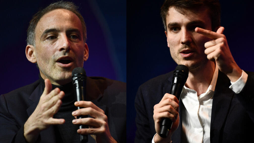 Raphaël Glucksmann, gauche, candidat Parti Socialiste-Place publique et Léon Deffontaines, droite, candidat Parti communiste aux élections européennes 2024.