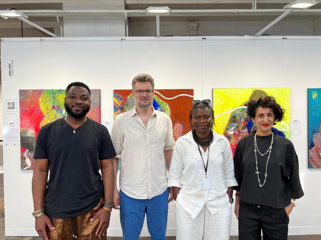 Togolese and Nigeria artists Clément Gbegno and Helen Nzete with the two co-founders of Africa Basel, Ben Füglister and Sarah Hachi-Duchêne, in Basel, Switzerland mid-June 2025.