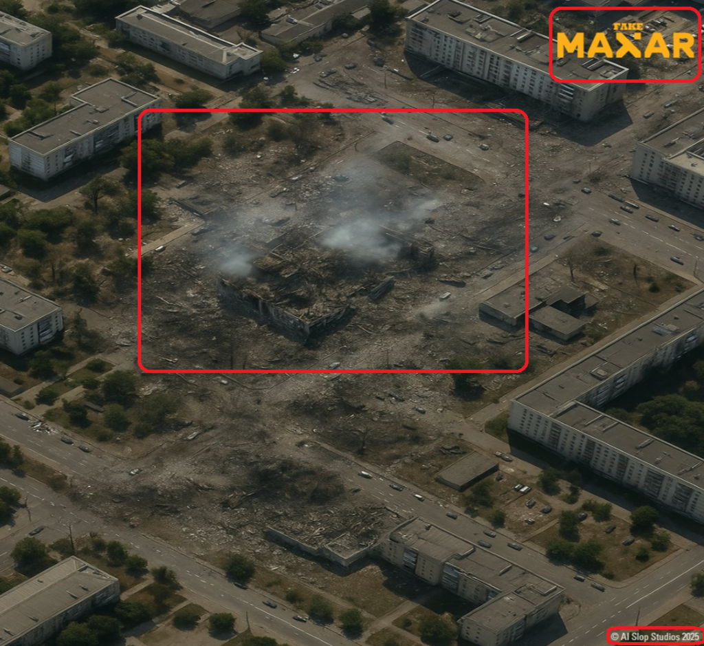 Le créateur de cette image a pris soin de signaler qu'il s'agissait d'une fausse image de destruction à Kiev,  avec la mention fake maxar, mais lors de la diffusion sur les réseaux,  le logo a disparu.