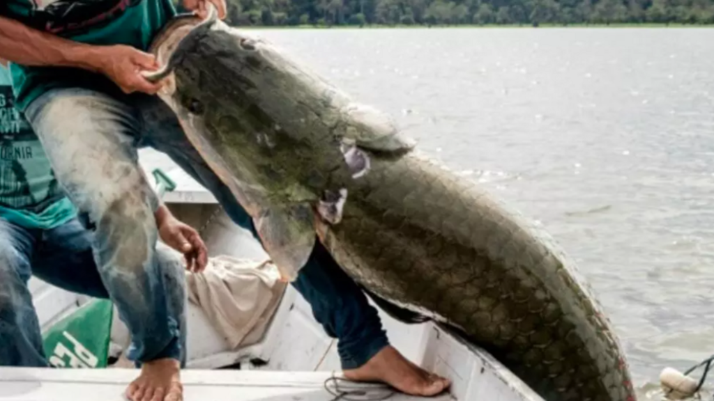 Des pêcheurs attrapent un pirarucu – l'un des plus gros poissons d'eau douce du monde – dans la réserve de développement durable d'Amana, dans l'État brésilien d'Amazonas.