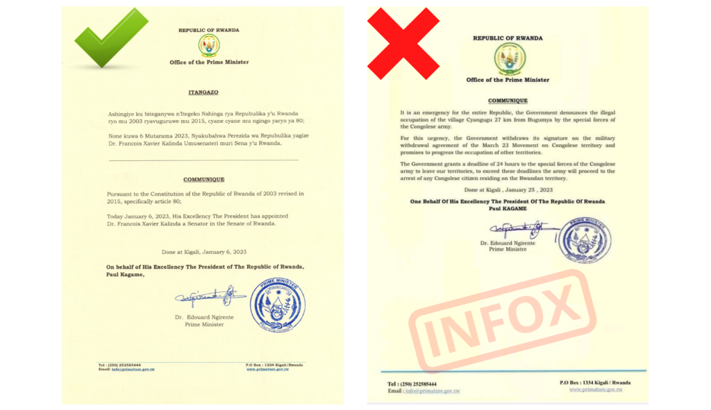 À gauche, un vrai communiqué du gouvernement rwandais, à droite, le faux communiqué.