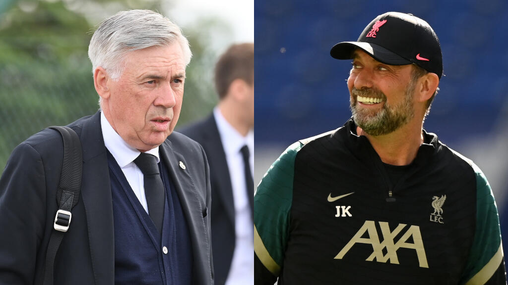 Carlo Ancelotti, entraîneur du Real Madrid (à gauche) et Jürgen Klopp, entraîneur de Liverpool FC (à droite).