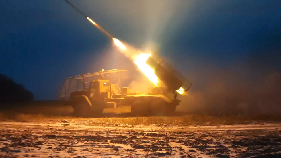 In this photo, taken from video and released by the Russian Defense Ministry Press Service on Thursday, Jan. 16, 2025, a Russian "Grad" self-propelled multiple rocket launcher fires towards Ukrainian