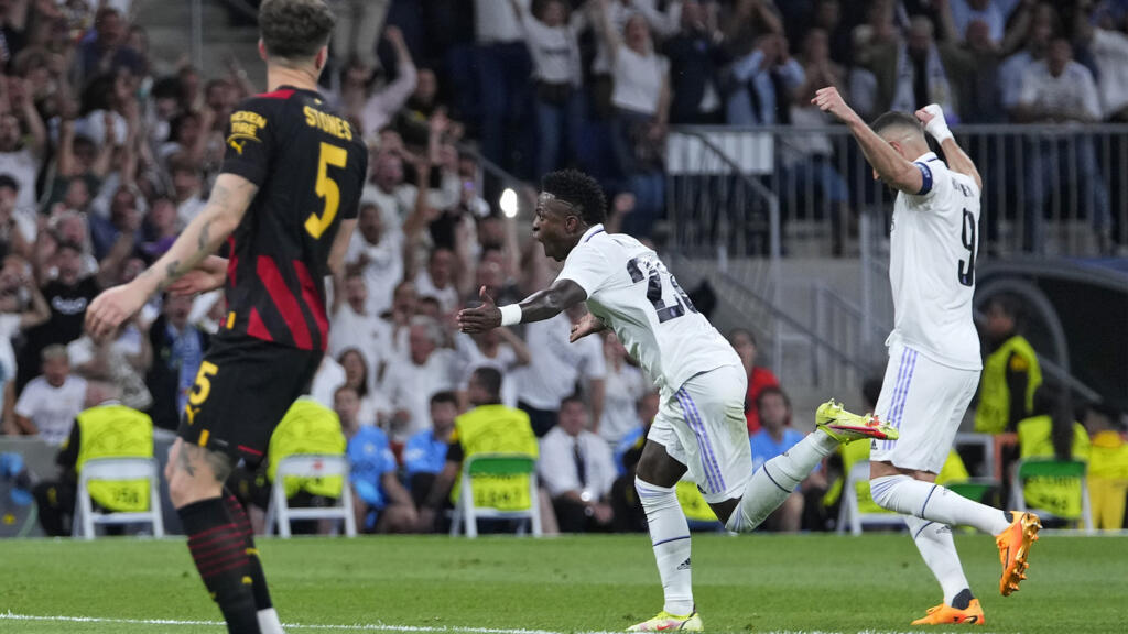 Vinicius (Real Madrid) après son but contre Manchester City, en Ligue des Champions, le 9 mai 2023. (Score final 1 - 1)
