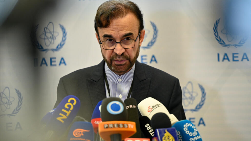 Reza Najafi, Permanent Representative of Iran to the United Nations (UN), addresses the media on the day of an emergency meeting of the IAEA Board of Governors to discuss the situation in Iran followi