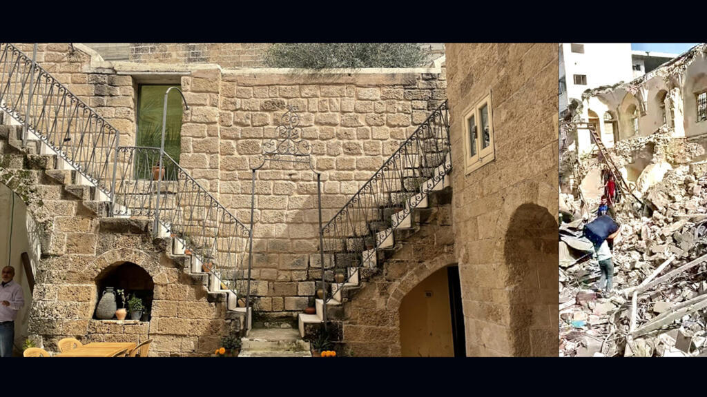 A gauche, la maison de la famille El Sakka à Gaza avec son double escalier et à droite, la maison détruite par les bombardements israéliens.
