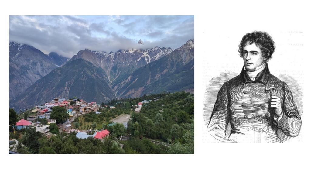 Une vue actuelle de Kalpa, petit village indien de l’Himachal Pradesh qu’a traversé en son temps le botaniste français Victor Jacquemont (à droite).