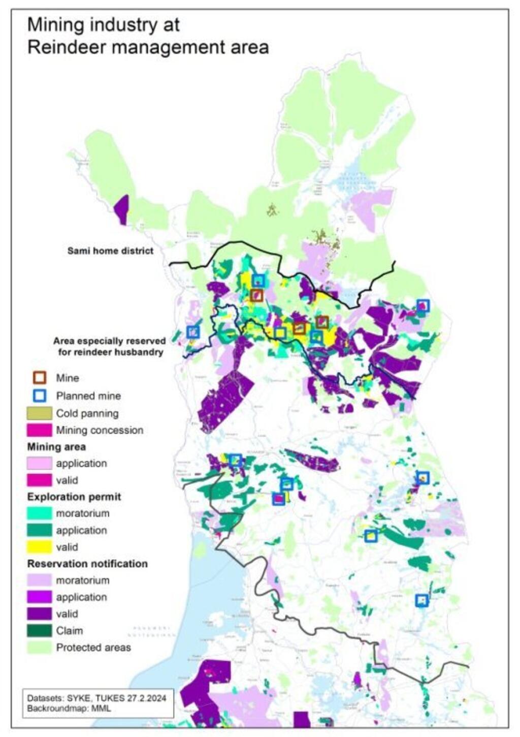 Carte des projets miniers actuels en Laponie finlandaise.