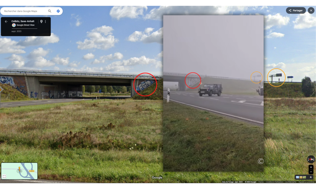 On reconnaît le tag sur le pont ainsi que l'autoroute.