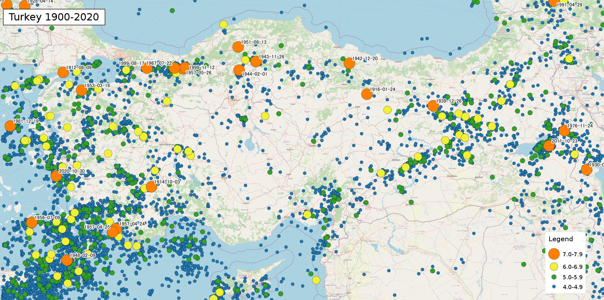 Carte des tremblements de terre en Turquie entre 1900 et 2020.
