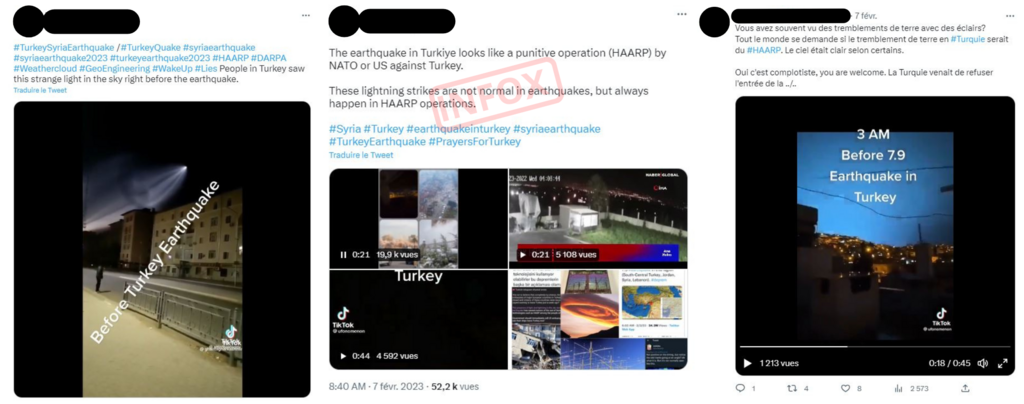 Exemples d'infox sous le #Haarp circulant sur les réseaux sociaux.
