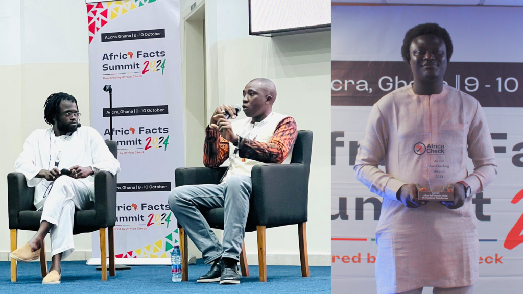 A gauche, Valdez Onanina rédacteur en chef du département francophone de Africa Check à Dakar, et Harouna Simbo Drabo, analyste de la désinformation au Sahel. A droite, Adnan Salif Sidibé.