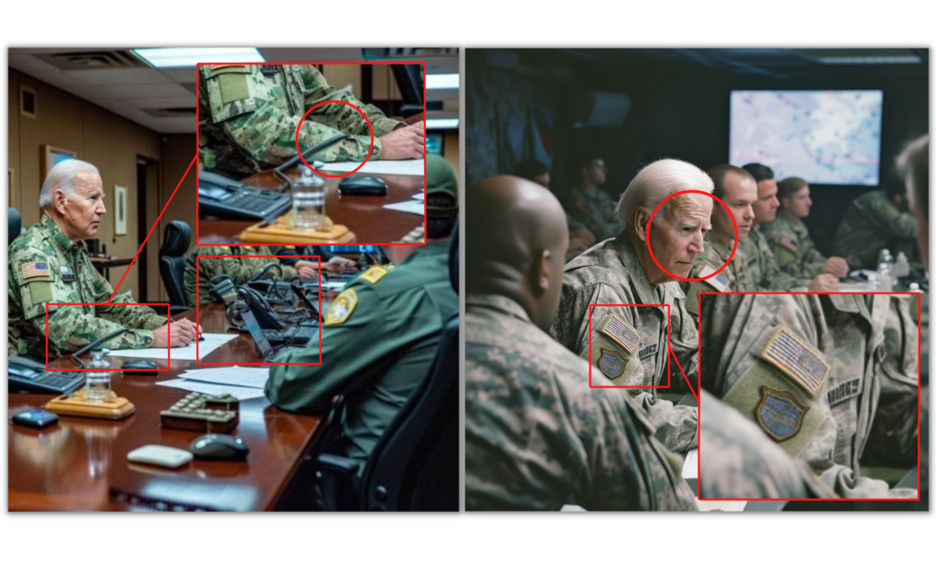 Plusieurs éléments visuels montrent qu'il s'agit de photos générées par l'intelligence artificielle.