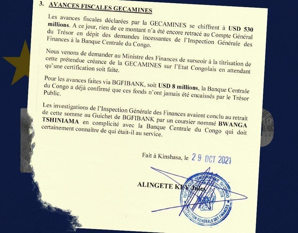 Extrait de la réponse écrite du chef de l'Inspection générale des finances (IGF) de la RDC aux médias du projet «Congo Hold-up».