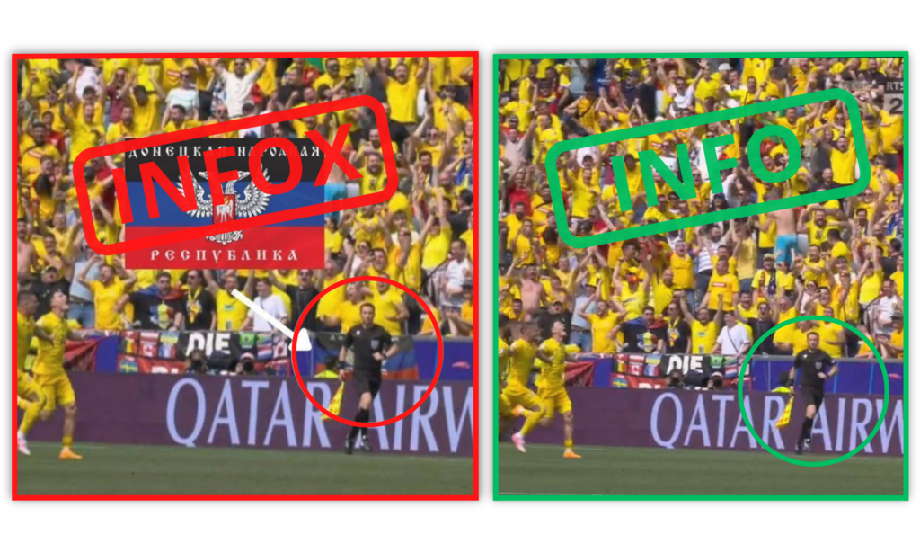 L'image a été retouchée pour faire apparaître un drapeau de la République autoproclamée de Donetsk.