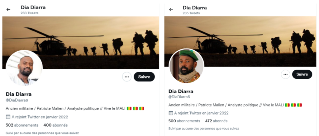 L'auteur de ces tweets, @DiaDiarra6, a changé sa photo de profil jeudi 21 avril, après qu'un internaute a démontré qu'elle provenait d'un compte VKontakte colombien.