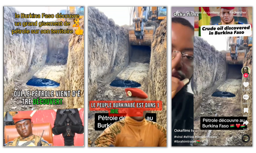 Exemple de montages mixant les images de cette fausse découverte de pétrole et des extraits de discours du chef de la junte burkinabè.