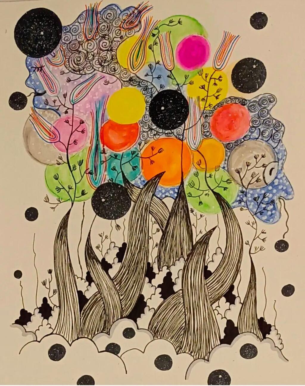 Obra da "agora" artista visual Isabelle Gueroult, que passou a desenhar para lutar contra o tédio e as angústias durante seu longo tratamento contra um câncer.