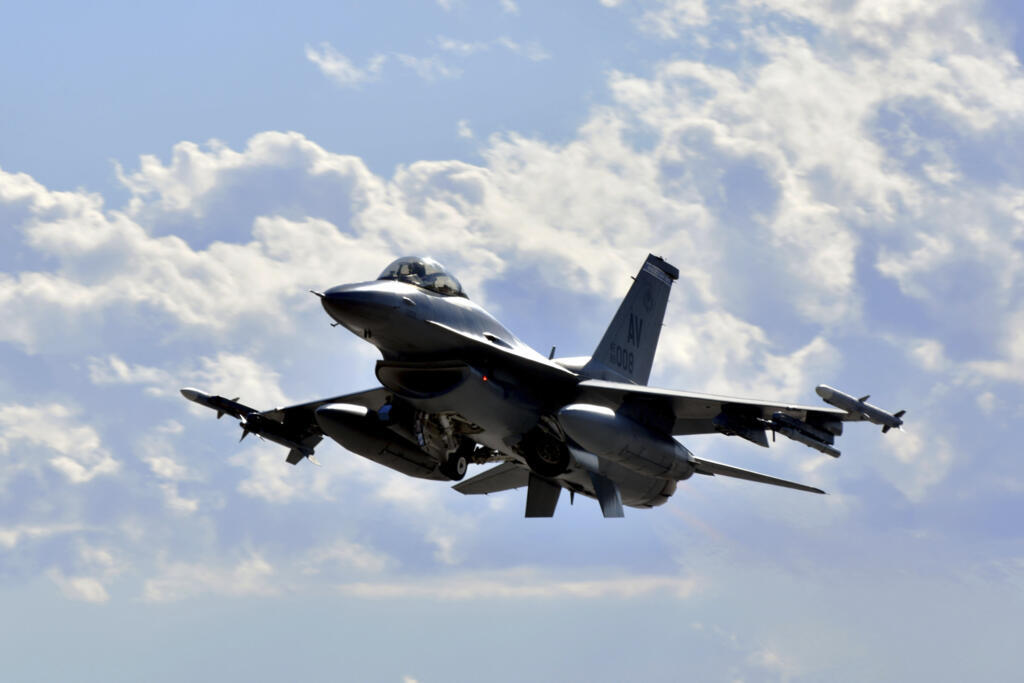 This image provided by the U.S. Air Force, a F-16 Fighting Falcon from the 510th Fighter Squadron takes off during Red Flag 24-1 at Nellis Air Force Base, Nevada, on Jan 25, 2024. The Biden administra
