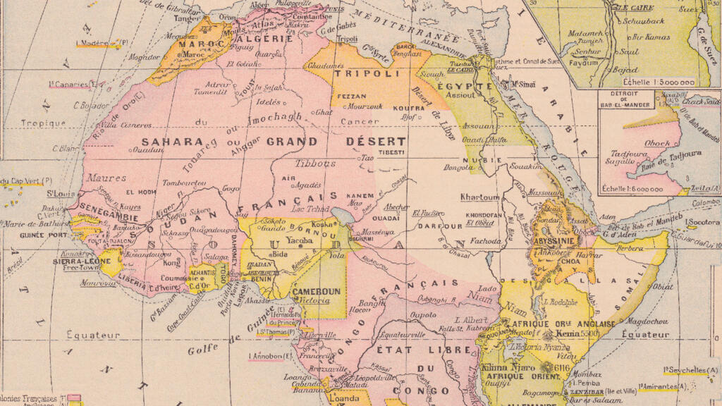Carte politique de l’Afrique et des colonies, chromolithographie, publiée en 1898.