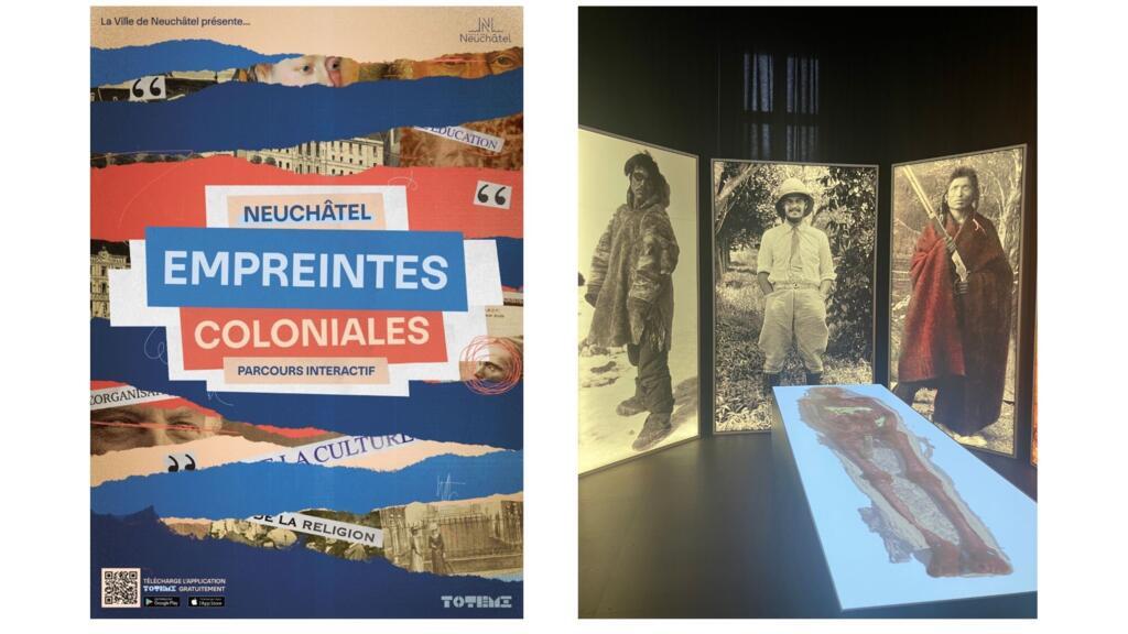 L’affiche du parcours interactif « Empreintes coloniales » initié par la ville de Neuchâtel. Et une des salles du parcours permanent du Musée d’Ethnographie de Neuchâtel.