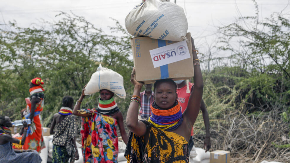 Aid distributed by the United States Agency for International Development (USAID), in Kachoda, Turkana region, northern Kenya, Saturday, July 23, 2022.