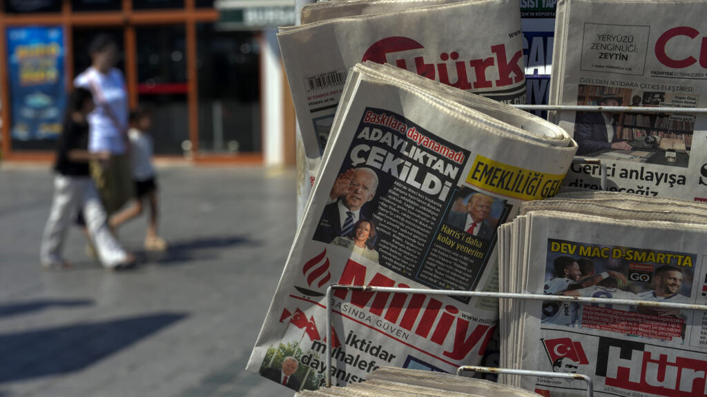 Turkish newspapers pictured in Istanbul on 22 July 2024, covering the developments in the US presidential campaign. The closely watched vote bears high stakes for Turkey's leaders.