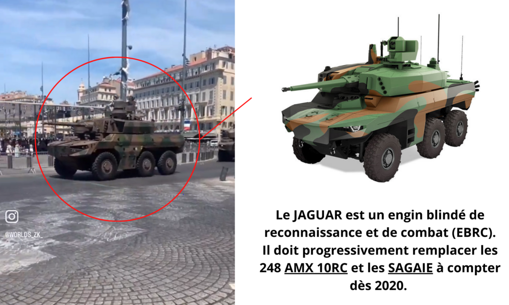 Deux engins blindés de type Jaguar sont visibles.