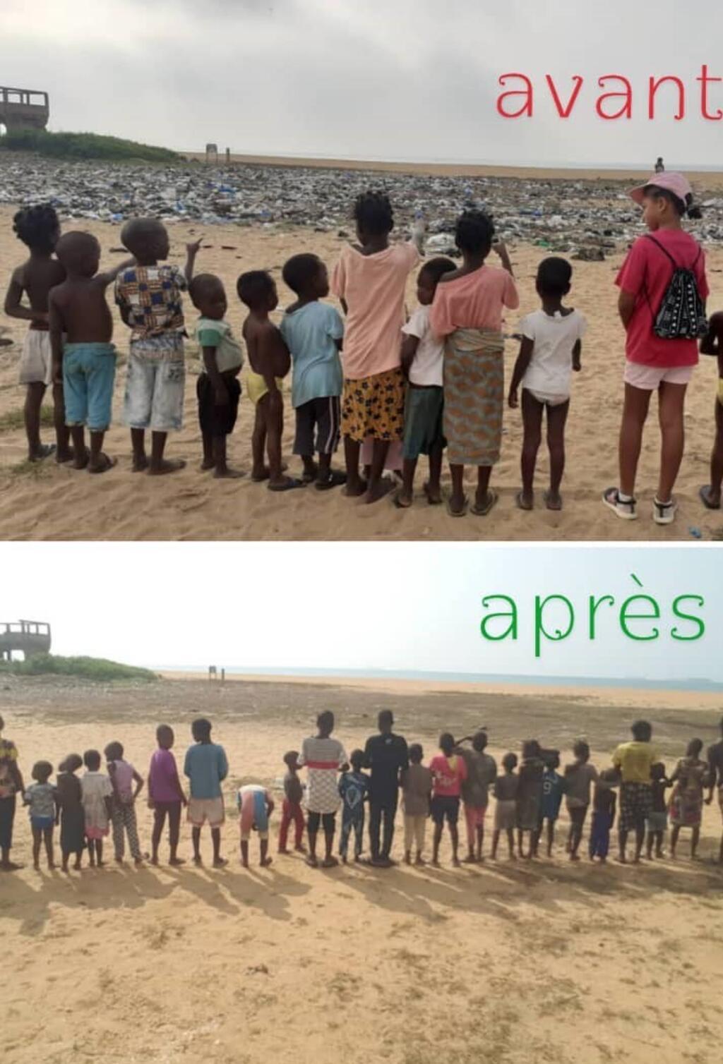 Les enfants de TAMAEE avant et après la plantation des cocotiers sur la plage béninoise nettoyée.