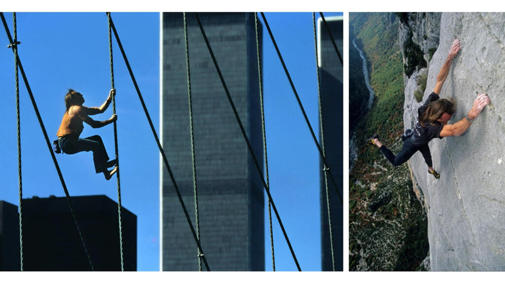 À gauche, Alain Robert sur le Brooklyn Bridge à New York en 1994. À droite, Alain dans « No Self Control » (7a), grimpée à vue. Gorges du Verdon en 1991.