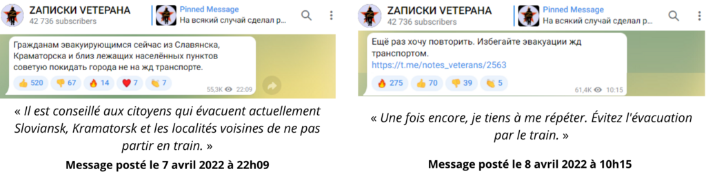 Ce compte pro-russe a conseillé à ses membres de ne pas évacuer Kramatorsk par le train, la veille et le jour du bombardement.