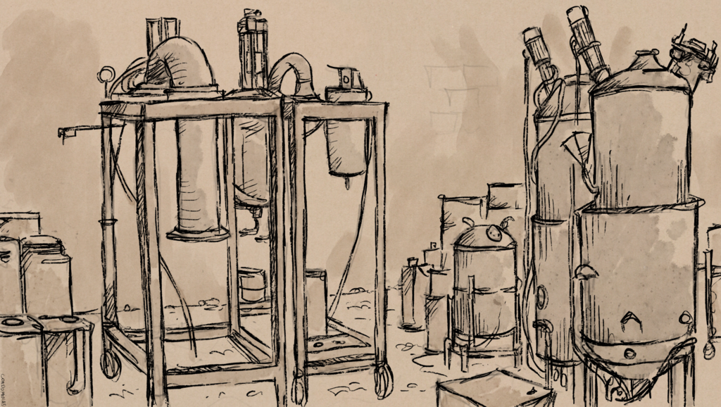 Illustration d'un laboratoire clandestin de captagon basée sur des photos de l'armée libanaise.
