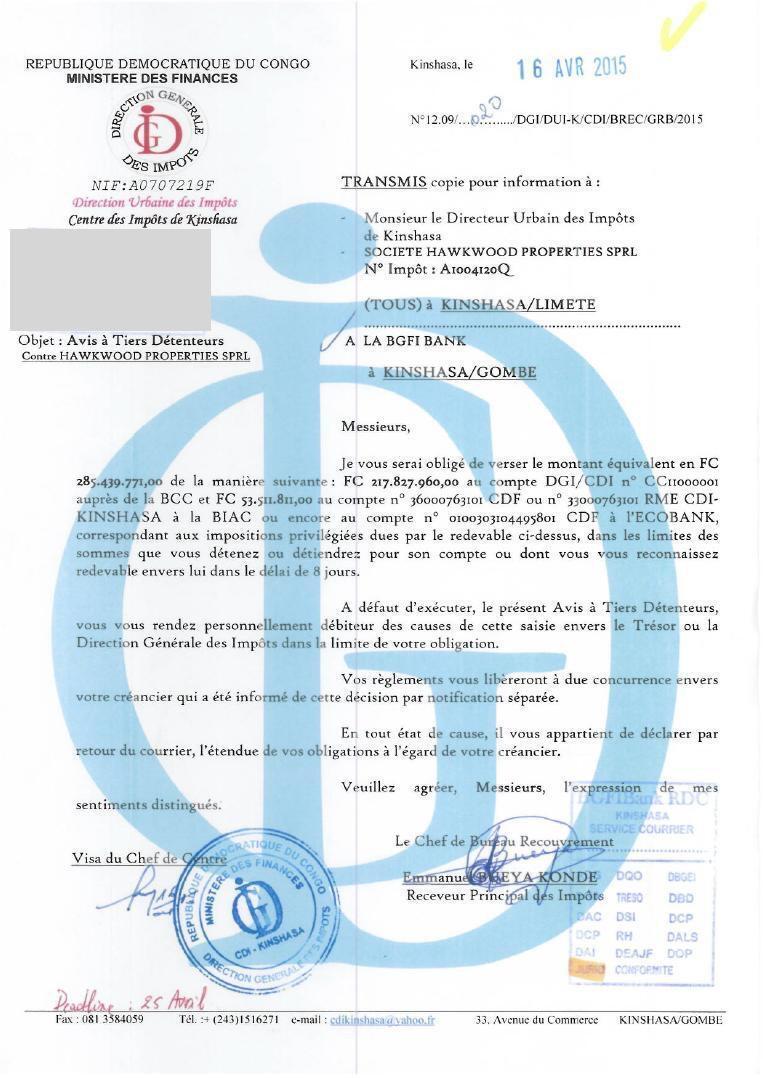 Une missive de la Direction des impôts pour la société Hawkwood appartenant à Robert Choudury